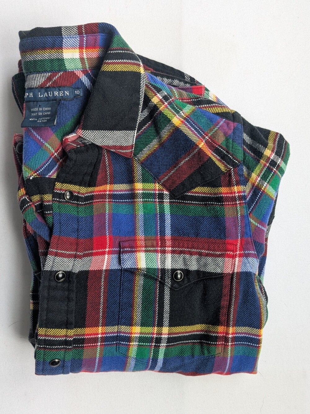 Vintage 90s Ralph Lauren Pearl Snap Plaid Flannel Shirt Cotton size 10
